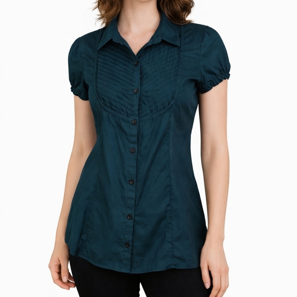Vtg FANG Teal Blue Pintucked Babydoll Short Sleeve Button Down Tunic